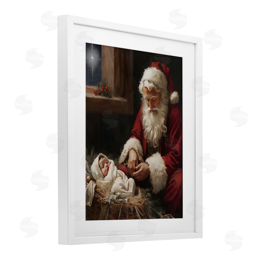 Jo Moulton Santa Believes with Baby Jesus White Framed Print Under Glass with Mat Wall Art