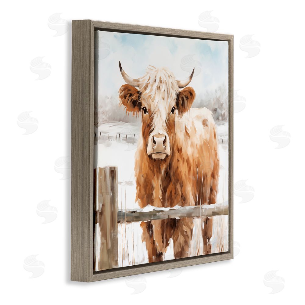 Heidi Kuntz Cattle at Snowy Fence Brown Floating Frame Canvas Wall Art Print