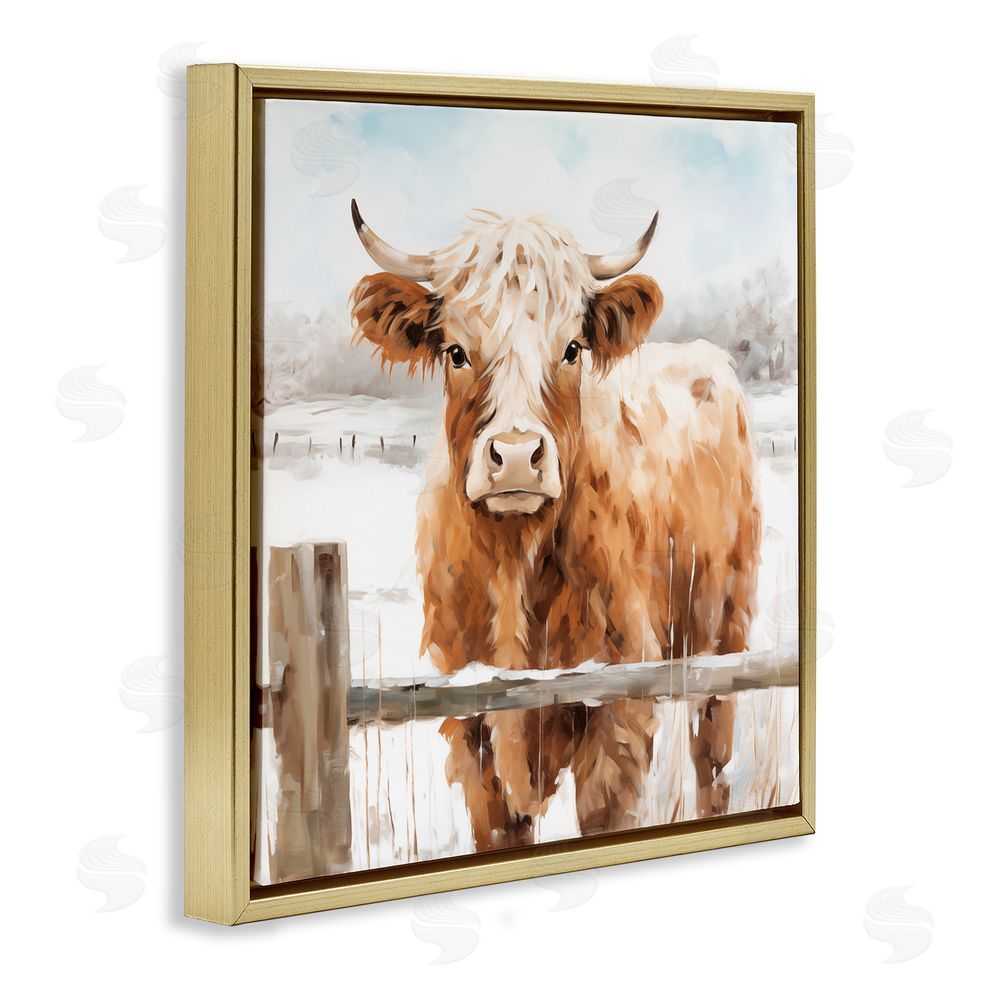 Heidi Kuntz Cattle at Snowy Fence Gold Floating Frame Canvas Wall Art Print