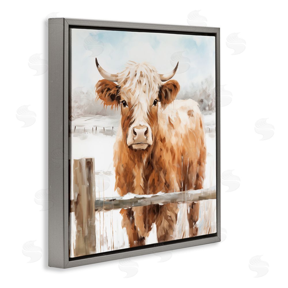 Heidi Kuntz Cattle at Snowy Fence Gray Floating Frame Canvas Wall Art Print