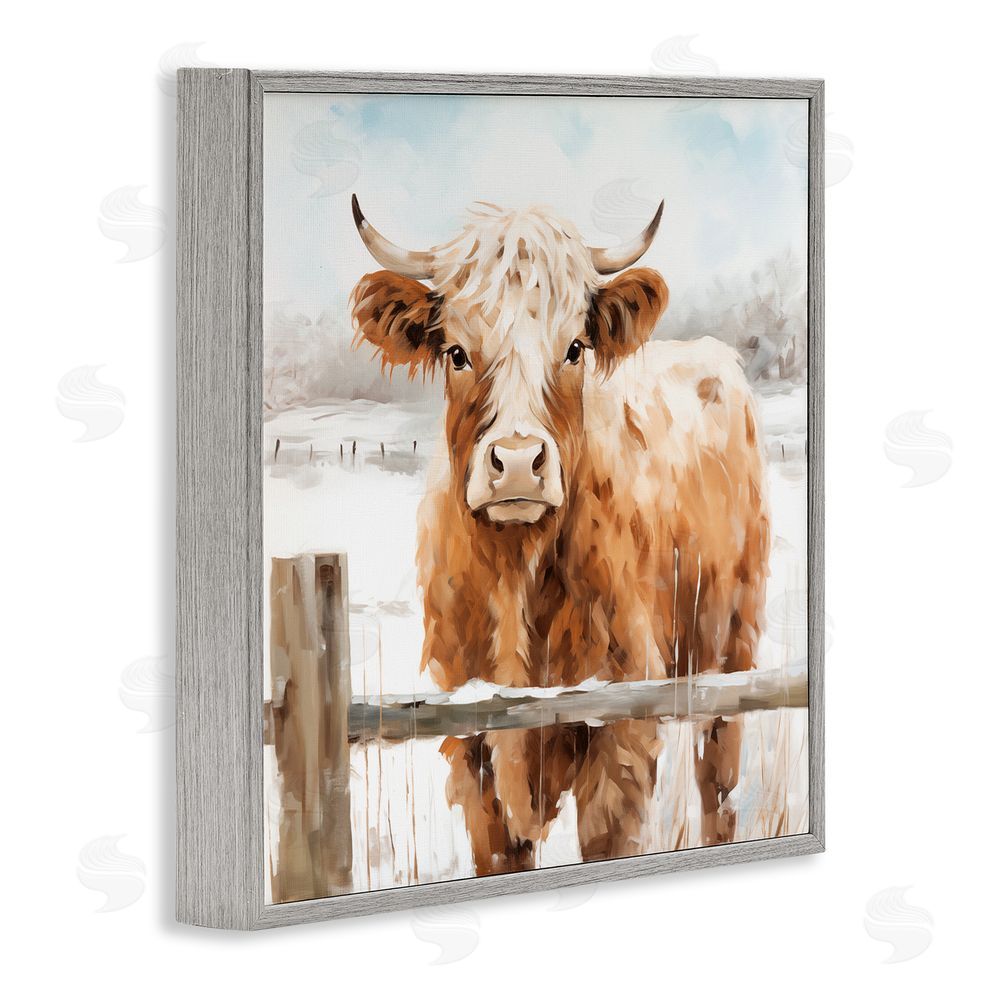 Heidi Kuntz Cattle at Snowy Fence Gray Framed Giclee Wall Art Print