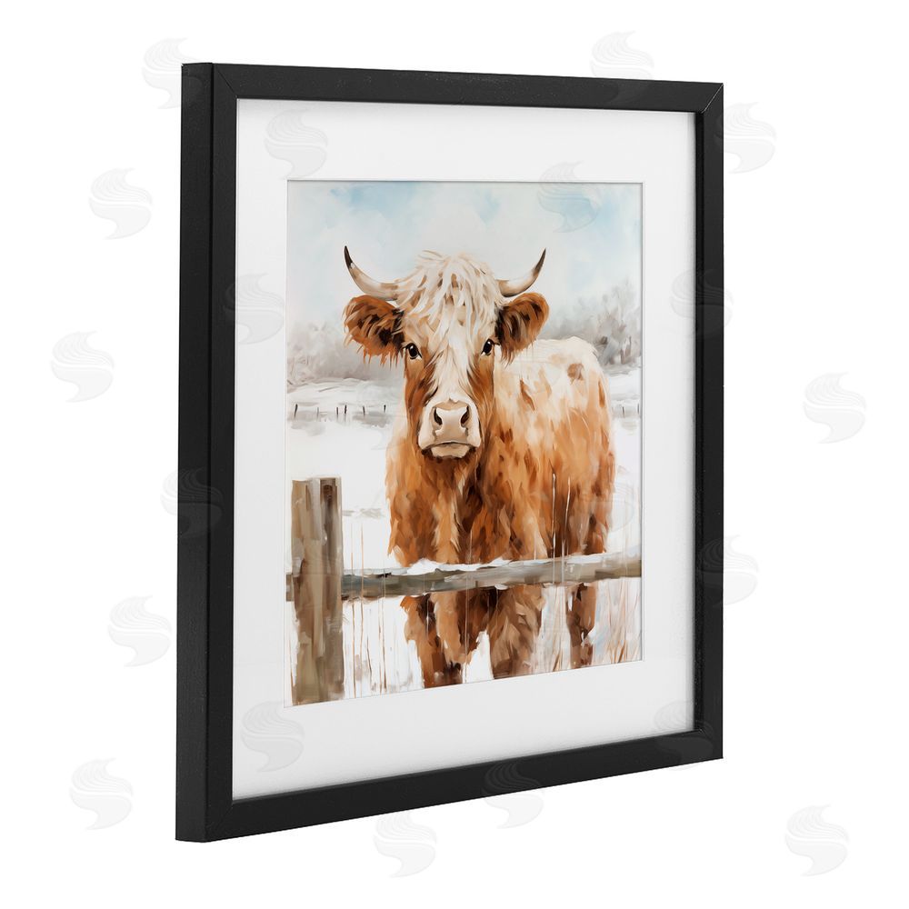 Heidi Kuntz Cattle at Snowy Fence Black Framed Print Under Glass with White Mat Wall Art