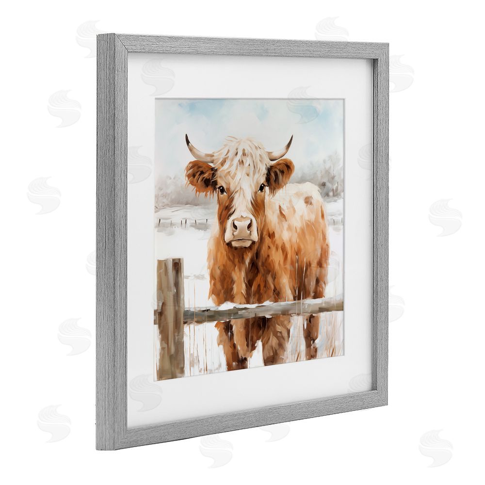 Heidi Kuntz Cattle at Snowy Fence Gray Framed Print Under Glass with White Mat Wall Art