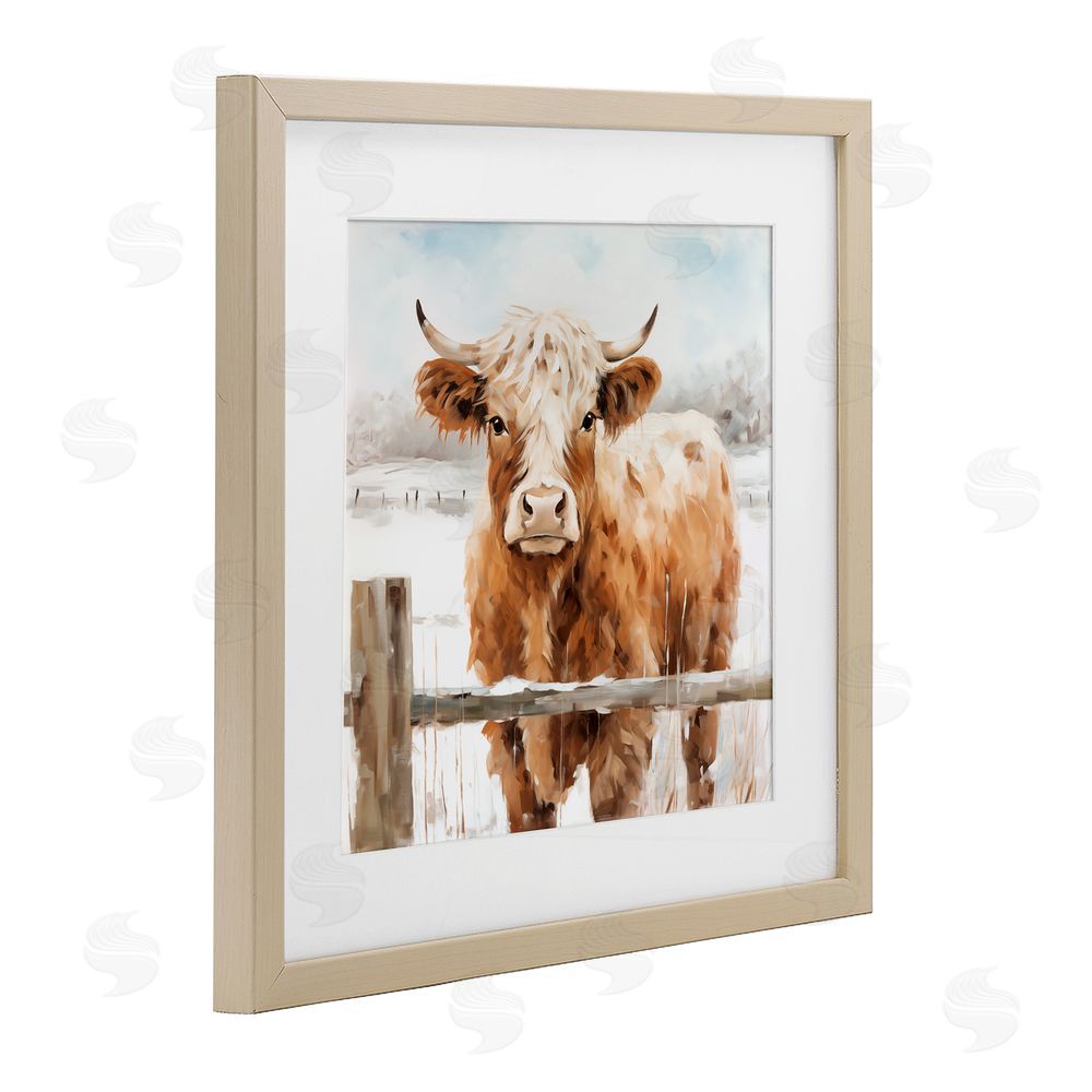 Heidi Kuntz Cattle at Snowy Fence Birch Framed Print Under Glass with White Mat Wall Art
