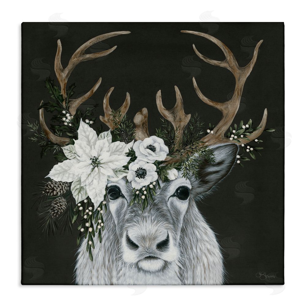 Hollihocks Art Festive Reindeer with White Florals Canvas Wall Art Print