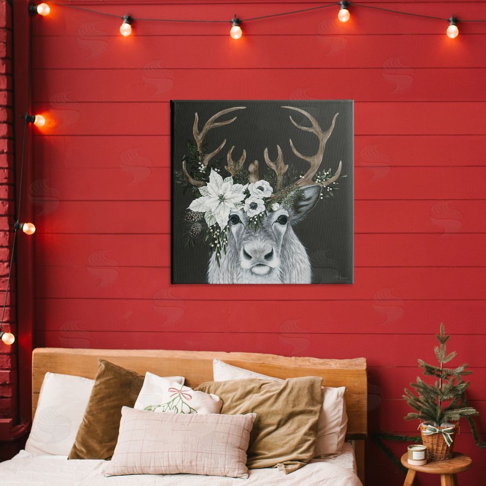 Hollihocks Art Festive Reindeer with White Florals Canvas Art on Wall