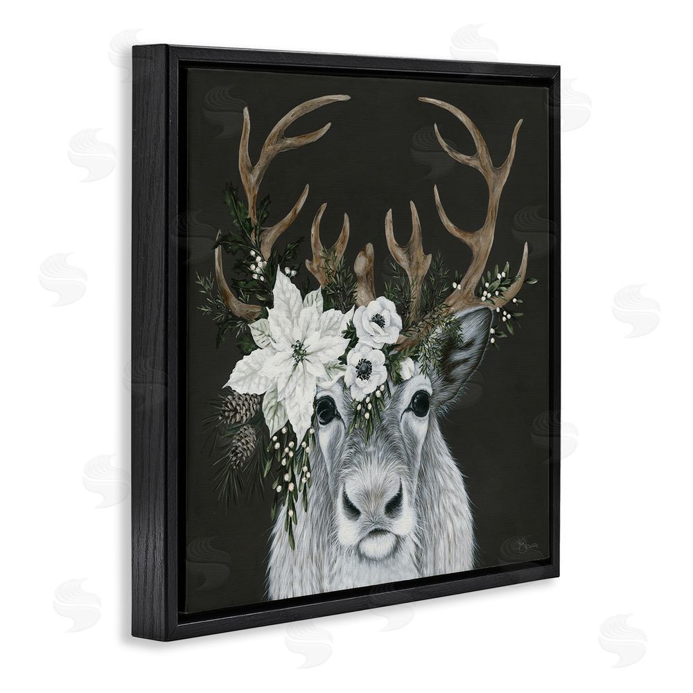 Hollihocks Art Festive Reindeer with White Florals Black Floating Frame Canvas Wall Art Print