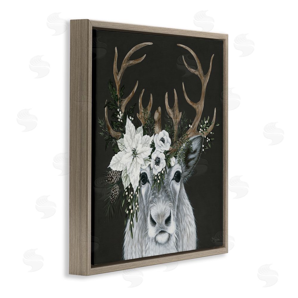 Hollihocks Art Festive Reindeer with White Florals Brown Floating Frame Canvas Wall Art Print