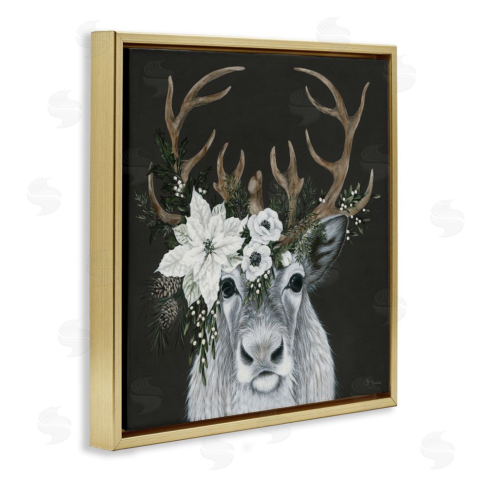 Hollihocks Art Festive Reindeer with White Florals Gold Floating Frame Canvas Wall Art Print