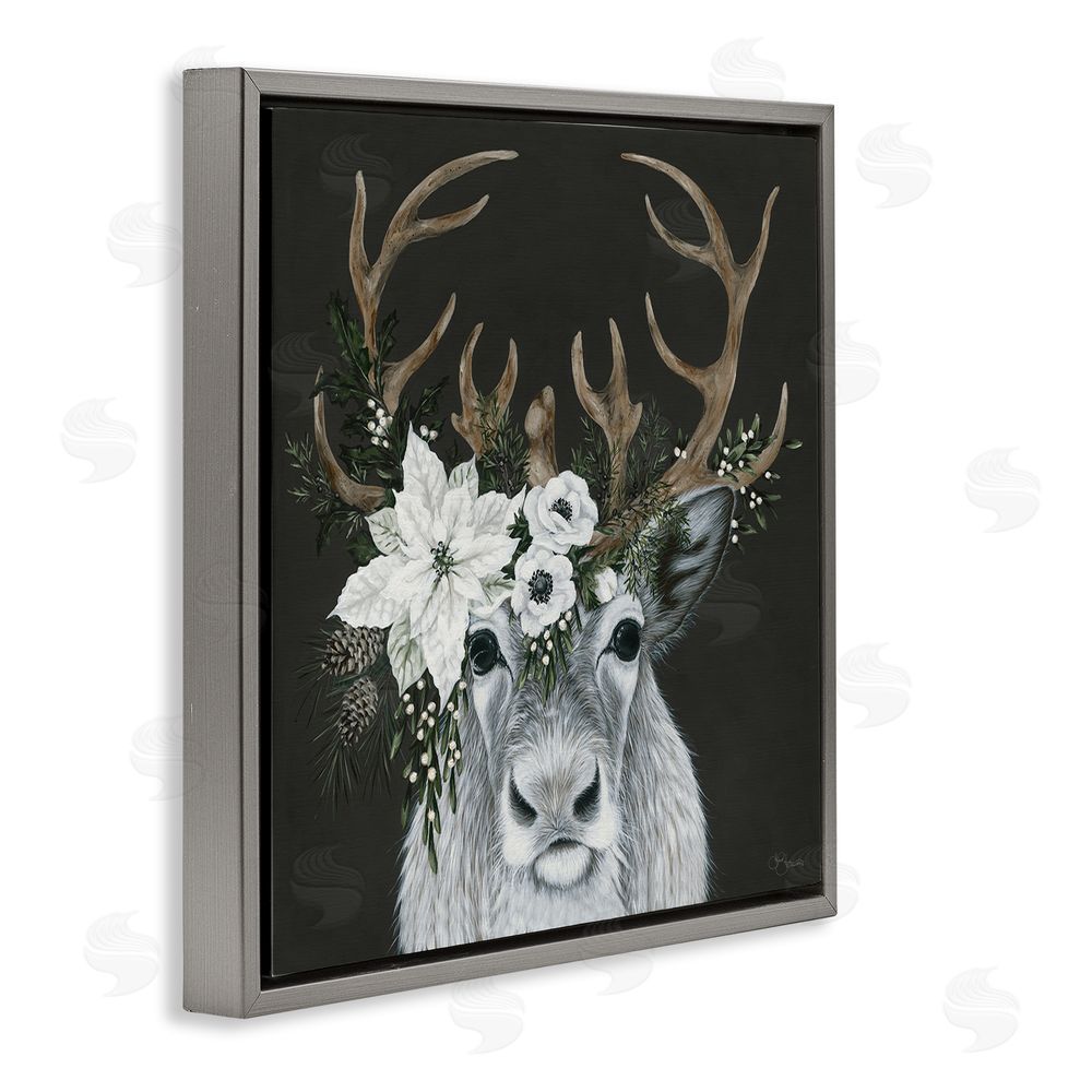 Hollihocks Art Festive Reindeer with White Florals Gray Floating Frame Canvas Wall Art Print