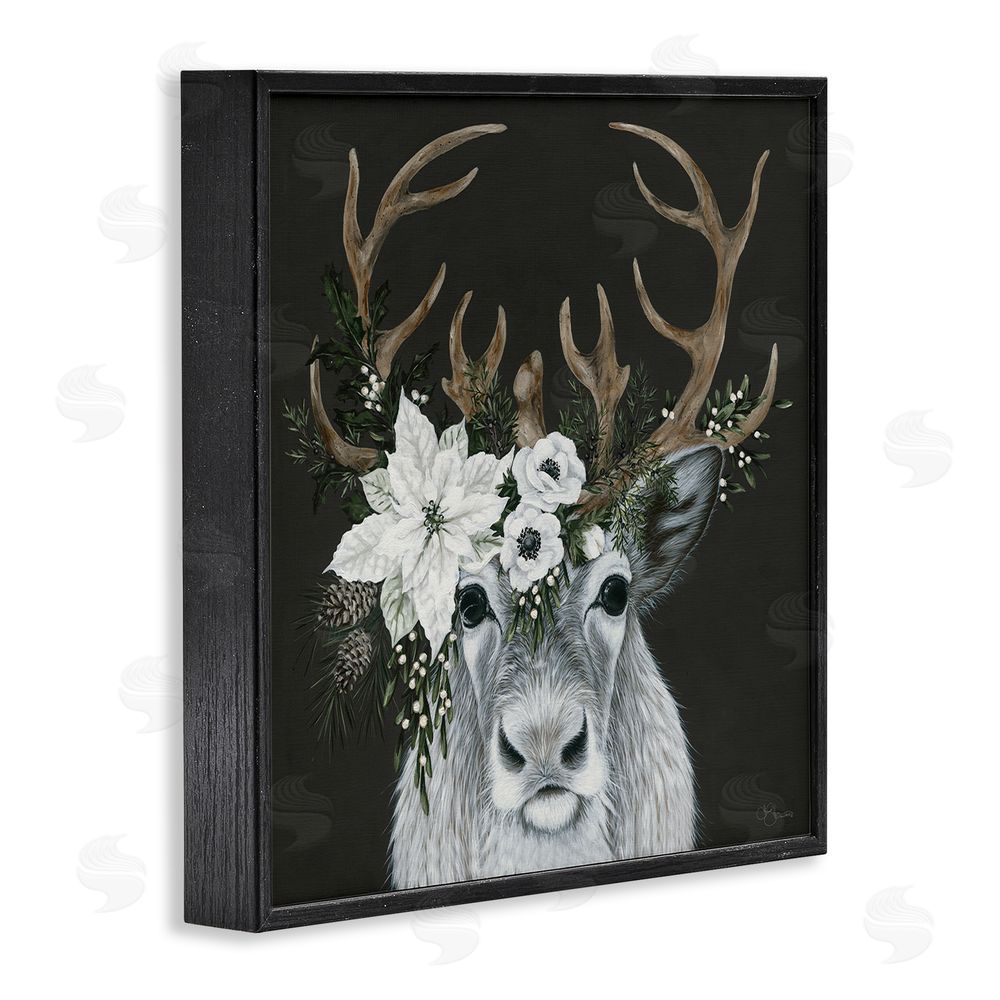 Hollihocks Art Festive Reindeer with White Florals Black Framed Giclee Wall Art Print