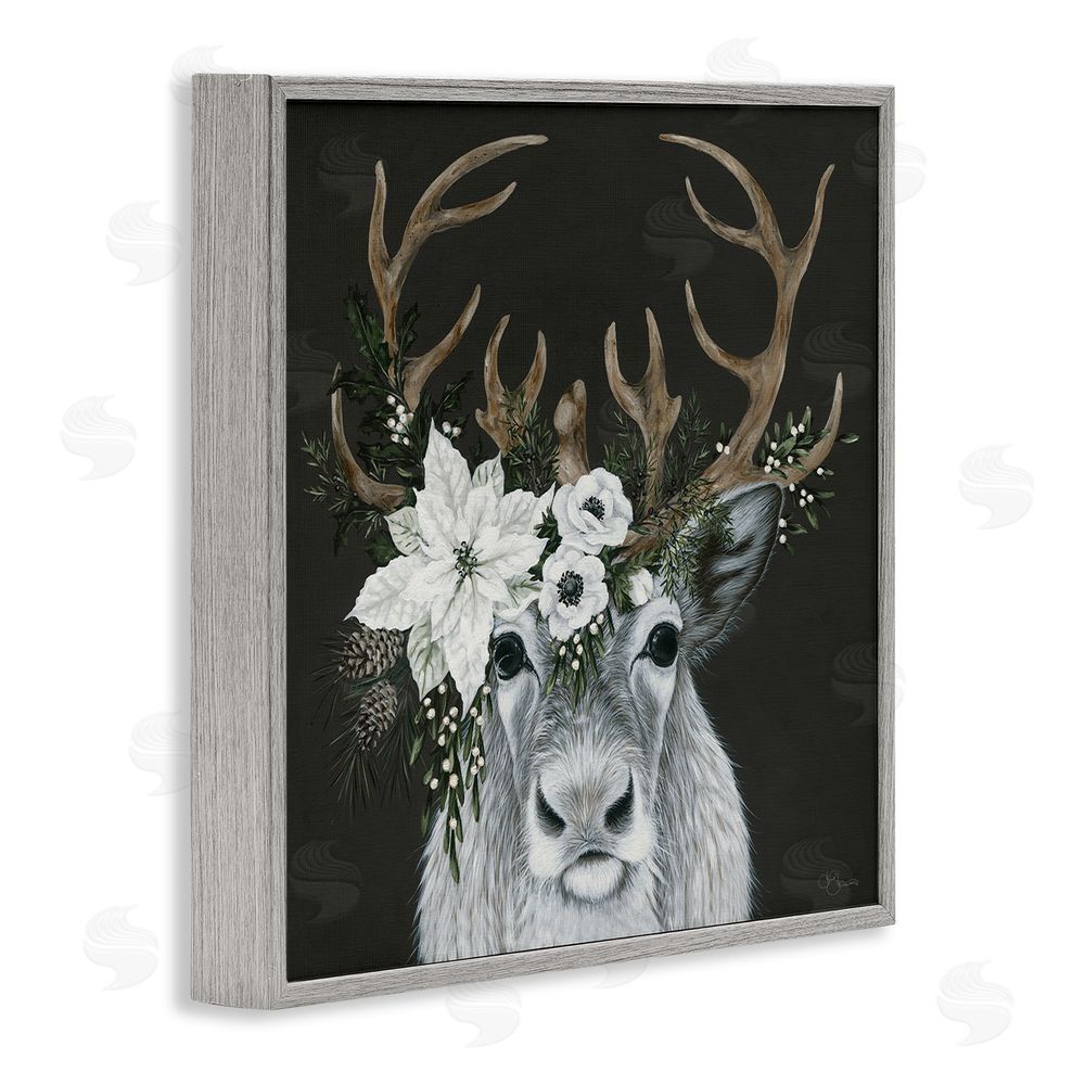 Hollihocks Art Festive Reindeer with White Florals Gray Framed Giclee Wall Art Print