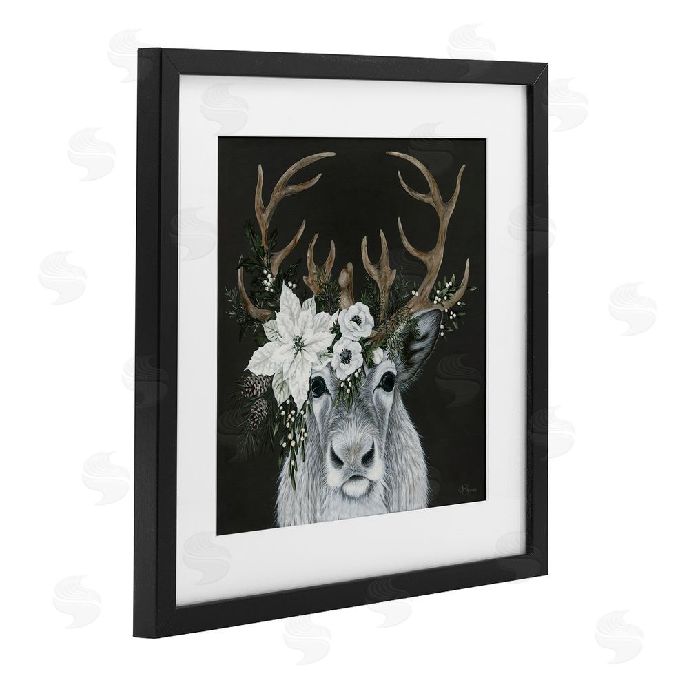 Hollihocks Art Festive Reindeer with White Florals Black Framed Print Under Glass with White Mat Wall Art