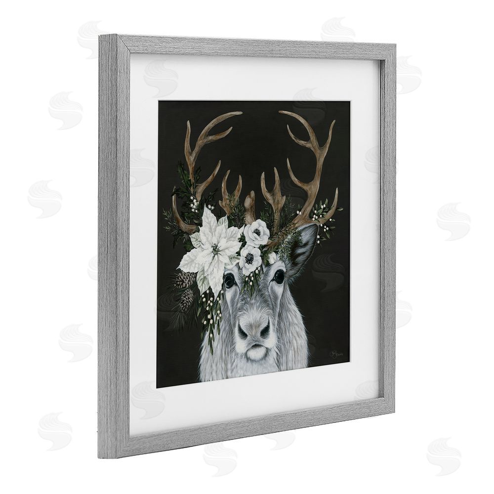 Hollihocks Art Festive Reindeer with White Florals Gray Framed Print Under Glass with White Mat Wall Art