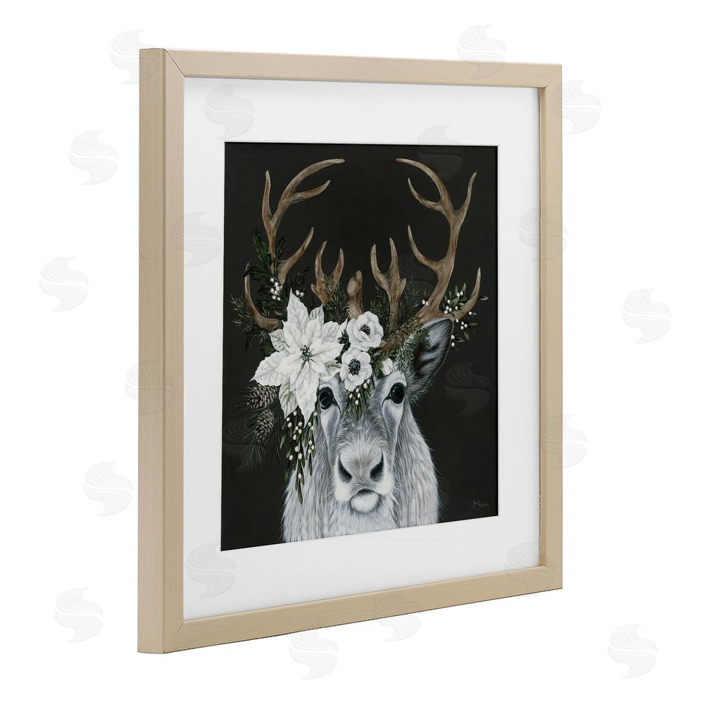 Hollihocks Art Festive Reindeer with White Florals Birch Framed Print Under Glass with White Mat Wall Art