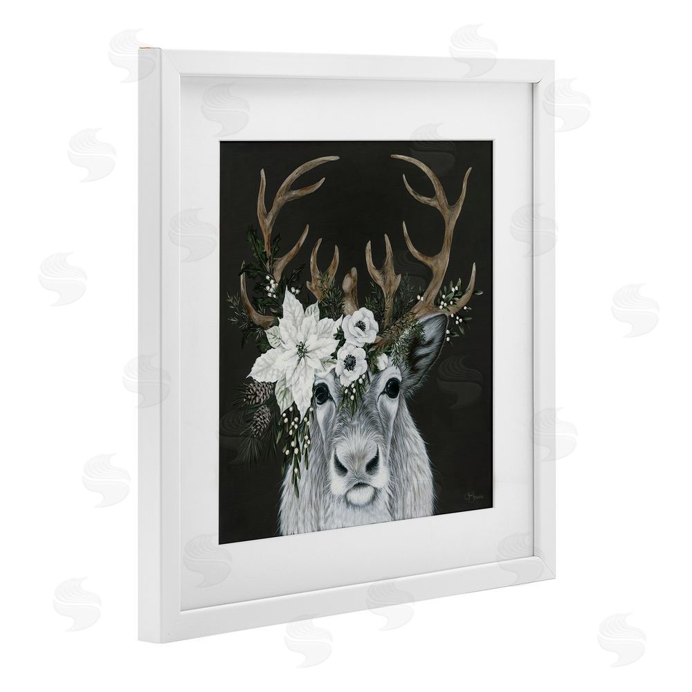 Hollihocks Art Festive Reindeer with White Florals White Framed Print Under Glass with Mat Wall Art