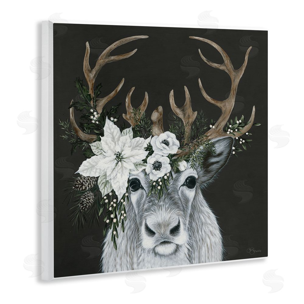 Hollihocks Art Festive Reindeer with White Florals Wall Plaque Art Print