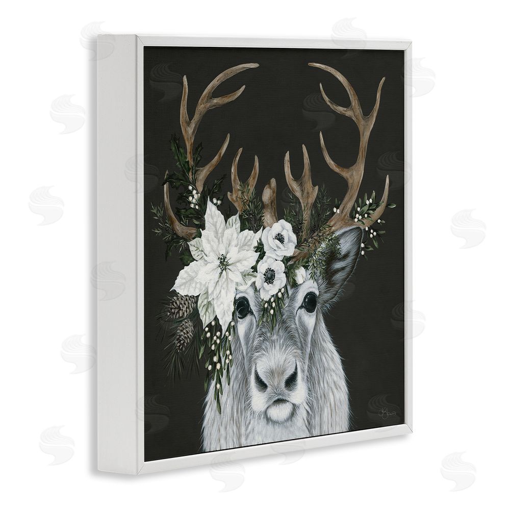 Hollihocks Art Festive Reindeer with White Florals White Framed Giclee Wall Art Print