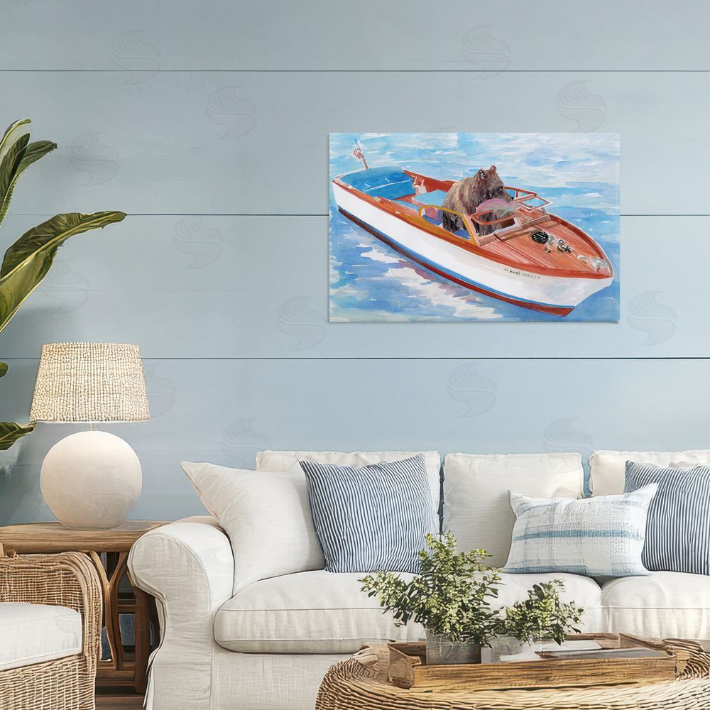 Stellar Design Studio Bear Fishing in Speedboat Stretched Canvas Wall Art in Room