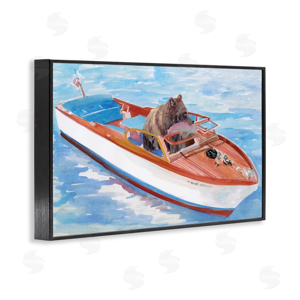 Stellar Design Studio Bear Fishing in Speedboat Black Framed Giclee Wall Art Print