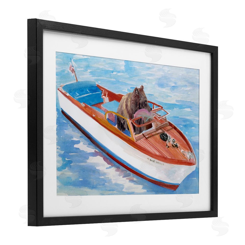 Stellar Design Studio Bear Fishing in Speedboat Black Framed Print Under Glass Wall Art