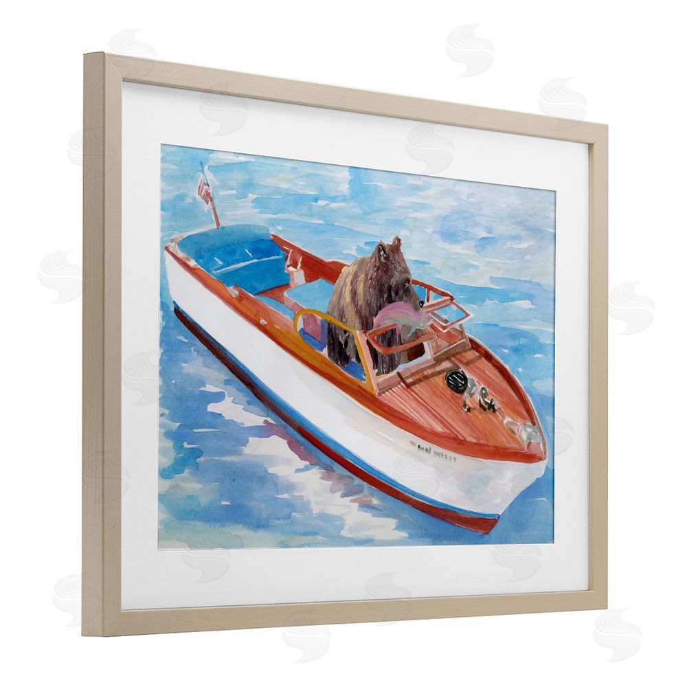 Stellar Design Studio Bear Fishing in Speedboat Brown Framed Print Under Glass Wall Art