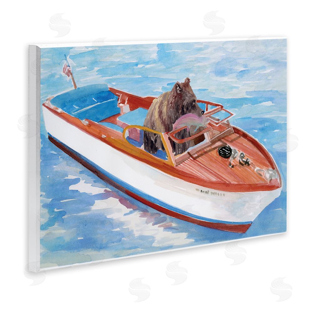 Stellar Design Studio Bear Fishing in Speedboat Wooden Wall Plaque Art Print