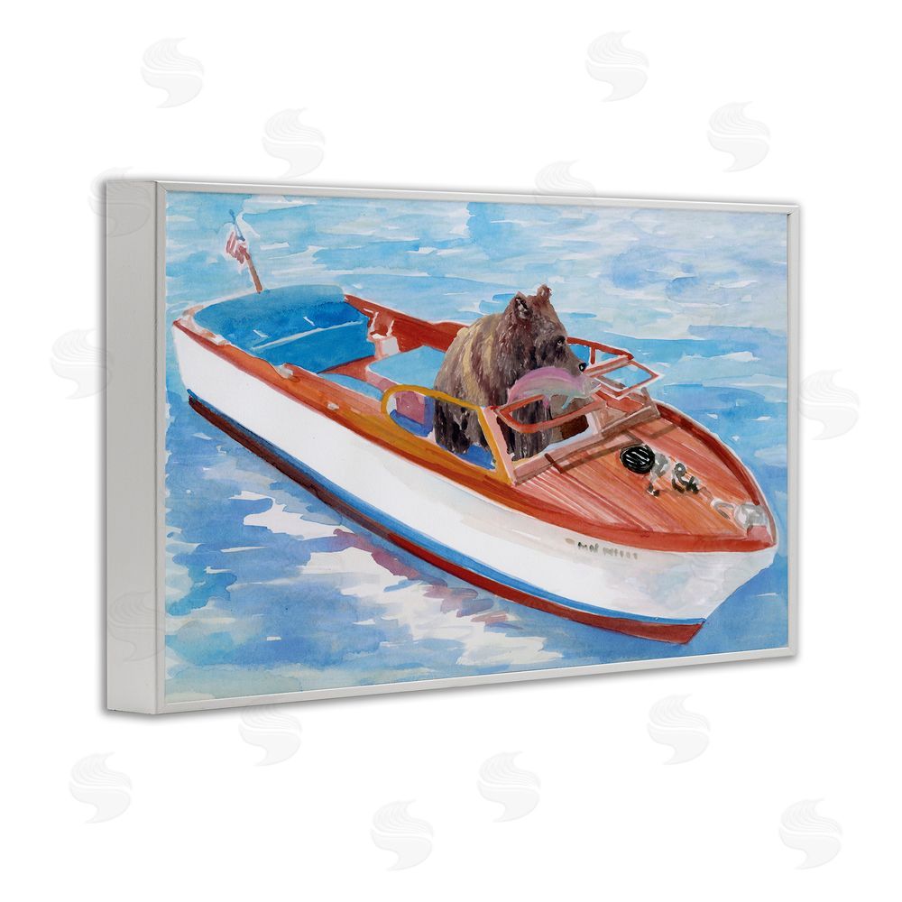 Stellar Design Studio Bear Fishing in Speedboat White Framed Giclee Wall Art Print