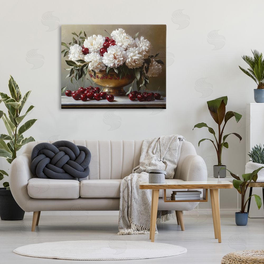 Heidi Kuntz Cherries & White Peonies Bouquet Stretched Canvas Wall Art in Room
