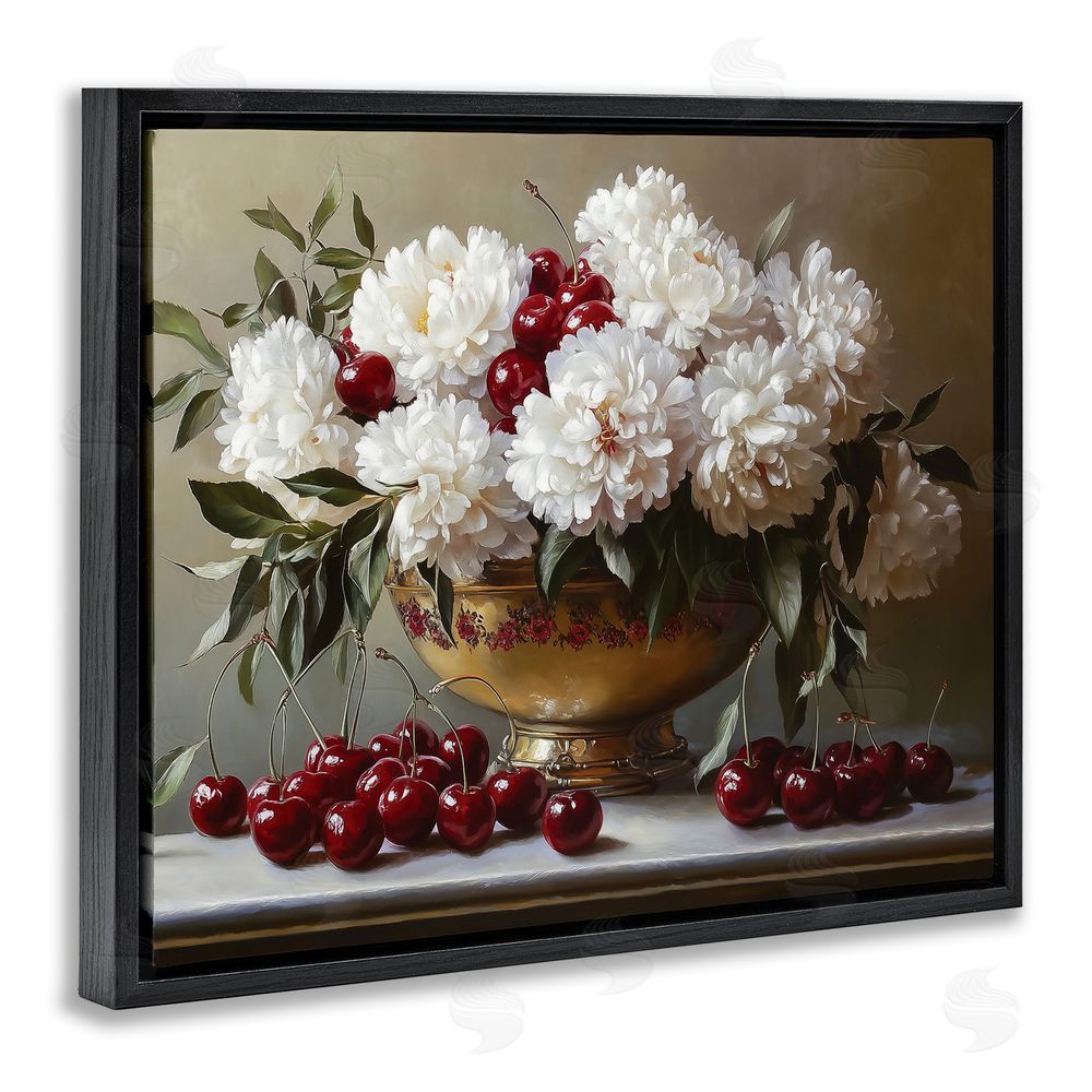 Heidi Kuntz Cherries & White Peonies Bouquet Black Floating Frame Canvas Wall Art Print