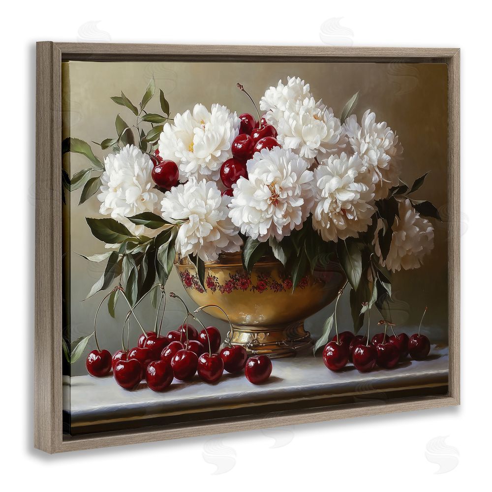 Heidi Kuntz Cherries & White Peonies Bouquet Brown Floating Frame Canvas Wall Art Print