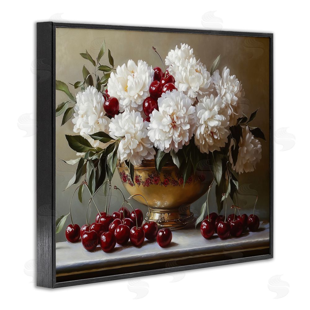 Heidi Kuntz Cherries & White Peonies Bouquet Black Framed Giclee Wall Art Print