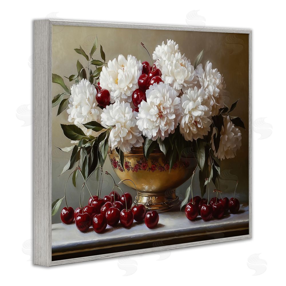 Heidi Kuntz Cherries & White Peonies Bouquet Gray Framed Giclee Wall Art Print