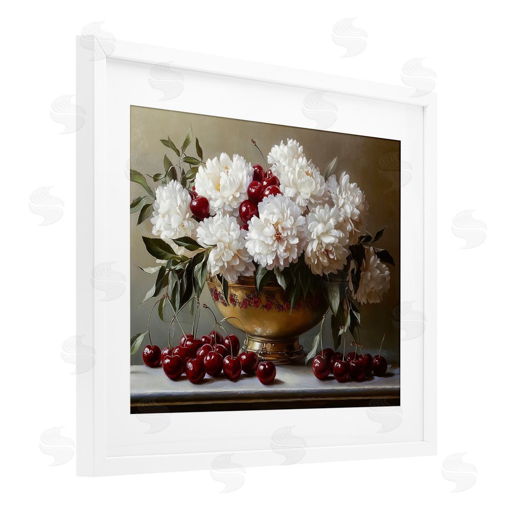 Heidi Kuntz Cherries & White Peonies Bouquet White Framed Print Under Glass Wall Art
