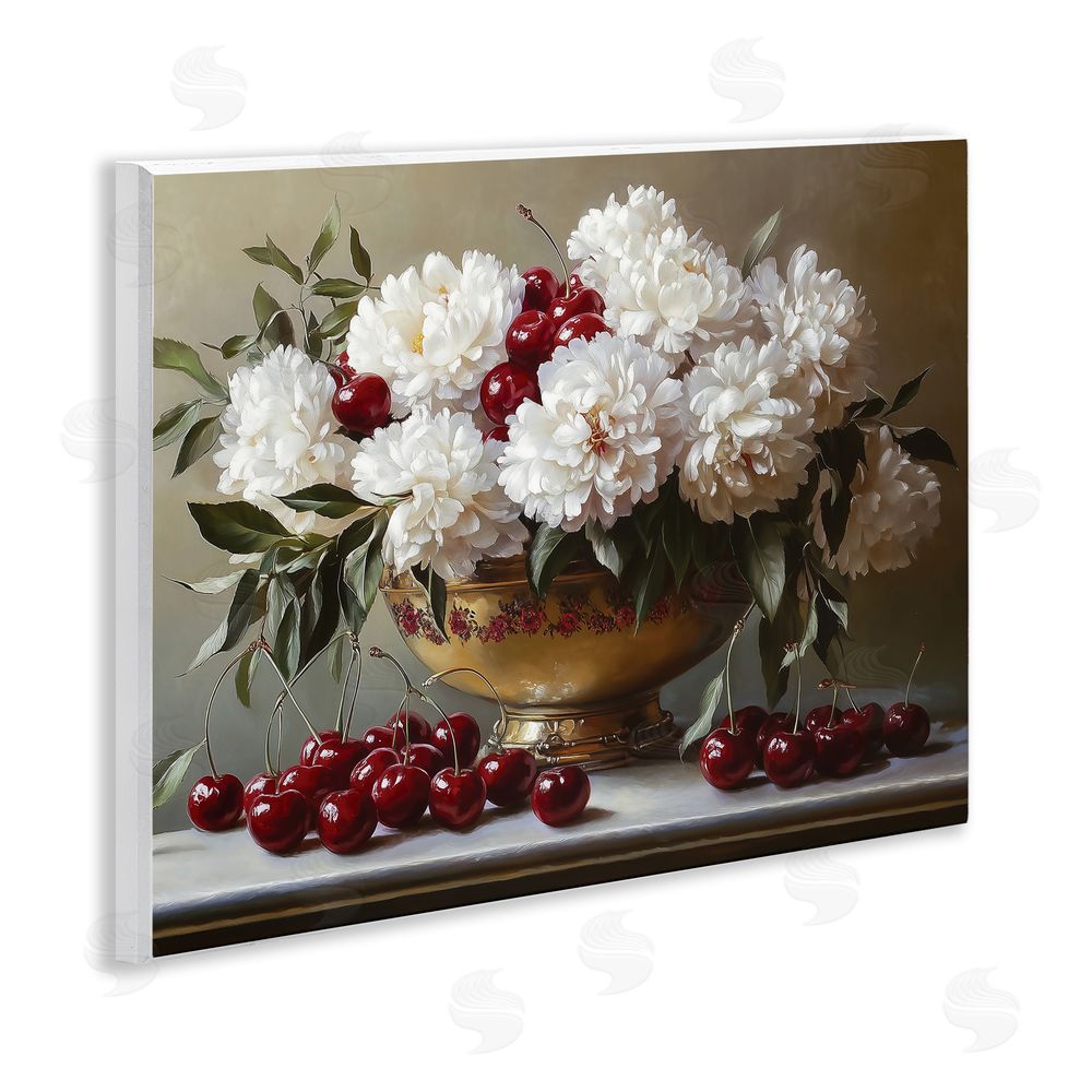 Heidi Kuntz Cherries & White Peonies Bouquet Wooden Wall Plaque Art Print