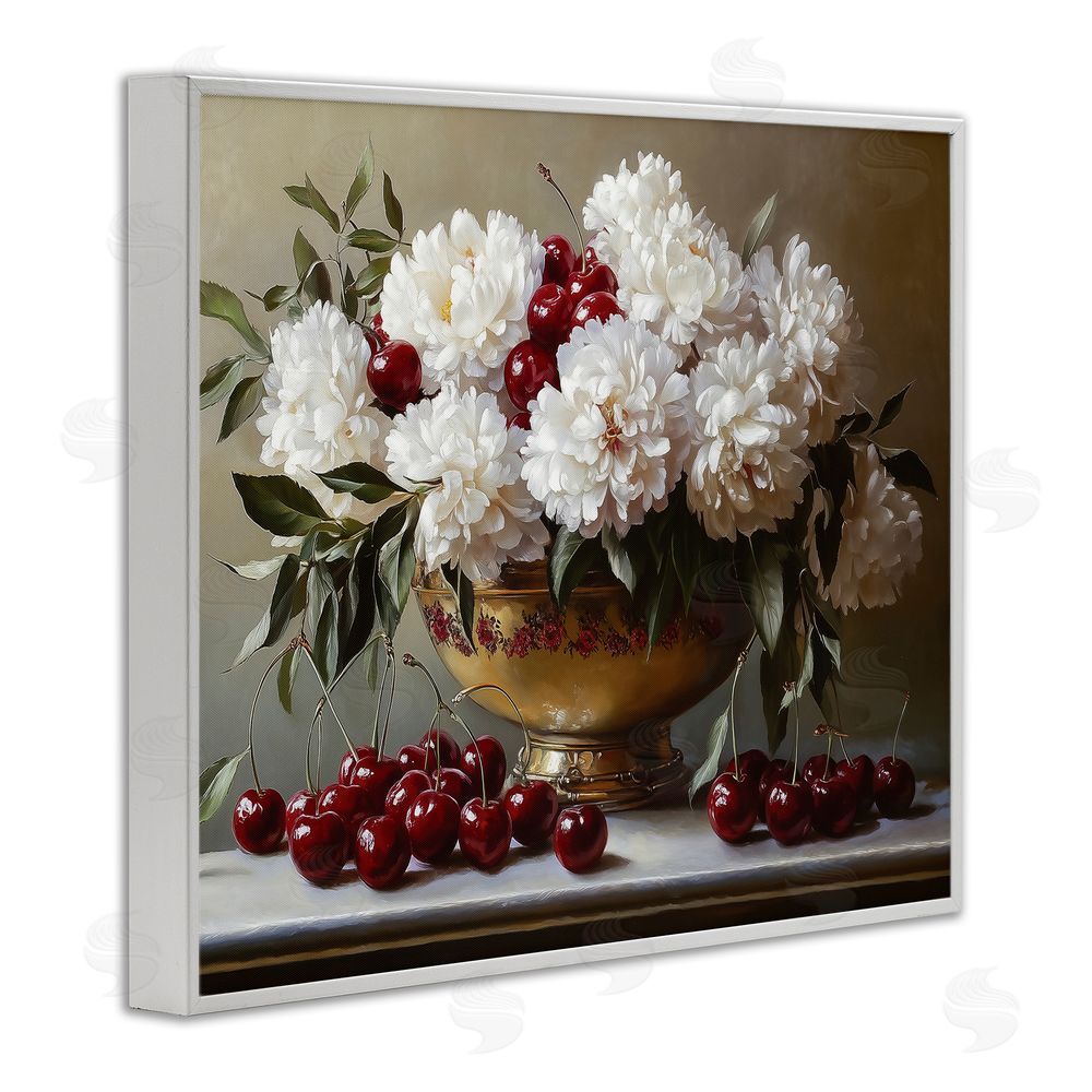 Heidi Kuntz Cherries & White Peonies Bouquet White Framed Giclee Wall Art Print