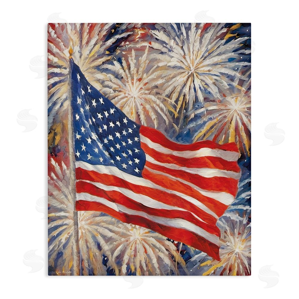 Jo Moulton American Flag over Fireworks Stretched Canvas Wall Art Print