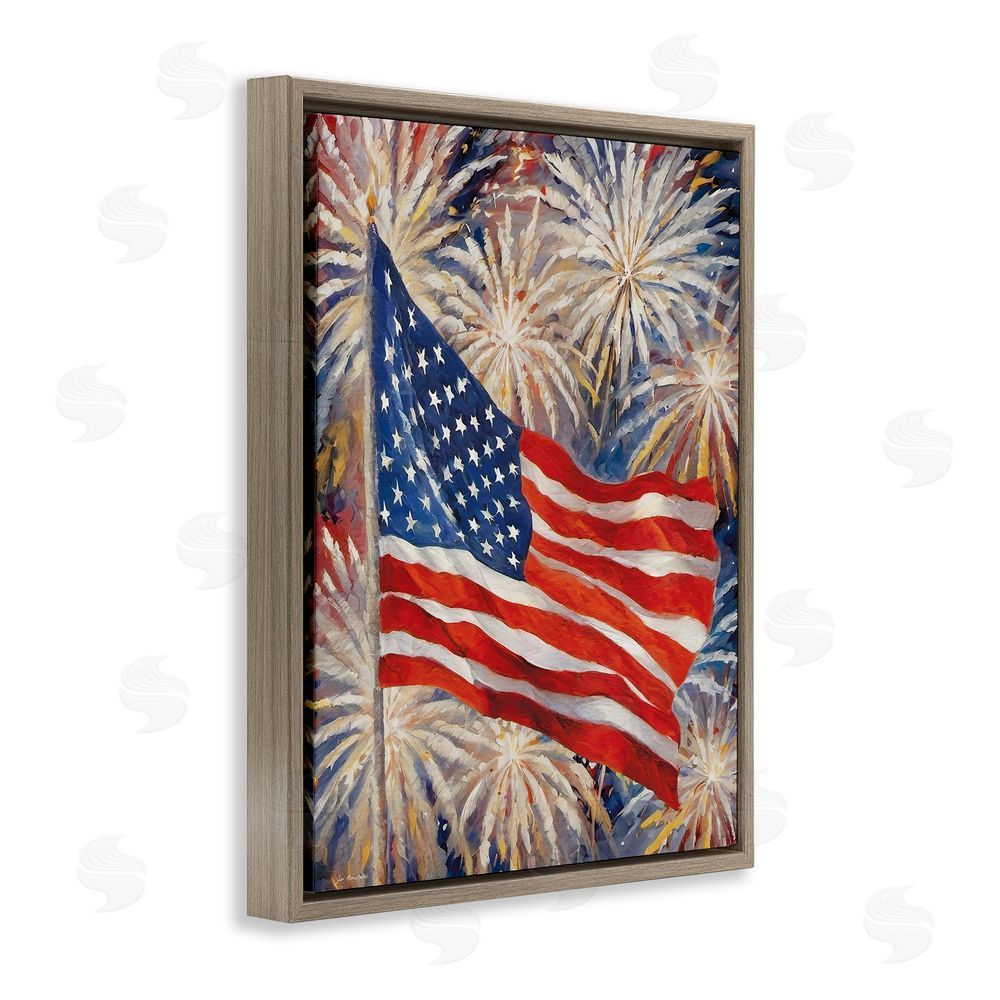 Jo Moulton American Flag over Fireworks Brown Floating Frame Canvas Wall Art Print