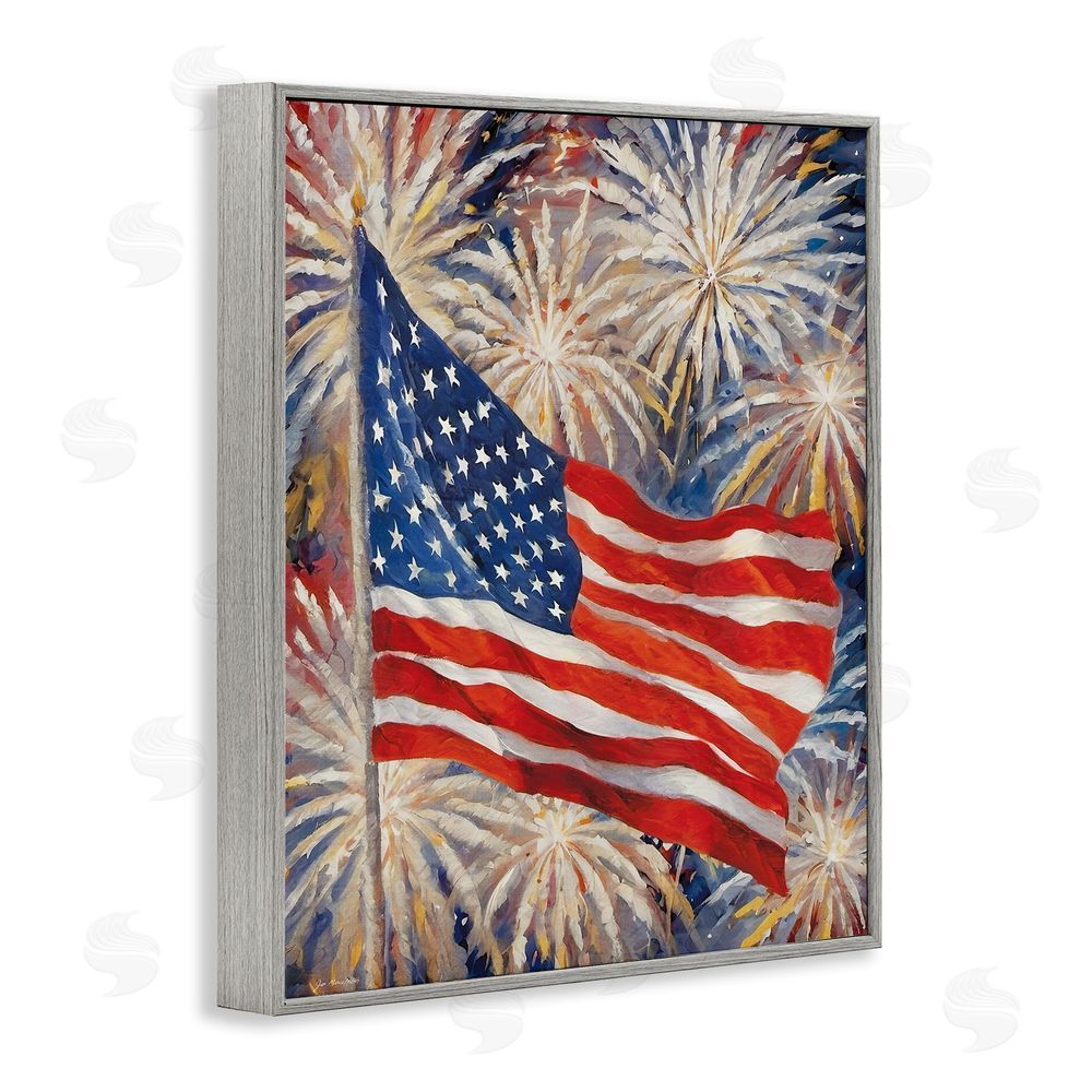 Jo Moulton American Flag over Fireworks Gray Framed Giclee Wall Art Print
