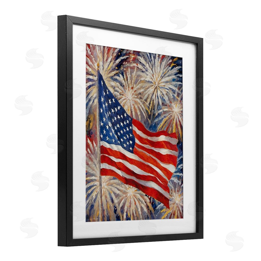 Jo Moulton American Flag over Fireworks Black Framed Print Under Glass Wall Art