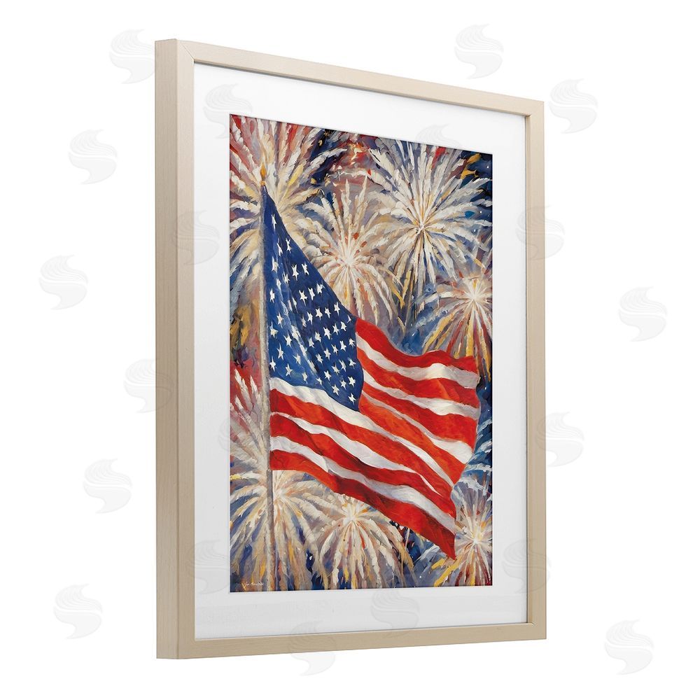 Jo Moulton American Flag over Fireworks Brown Framed Print Under Glass Wall Art