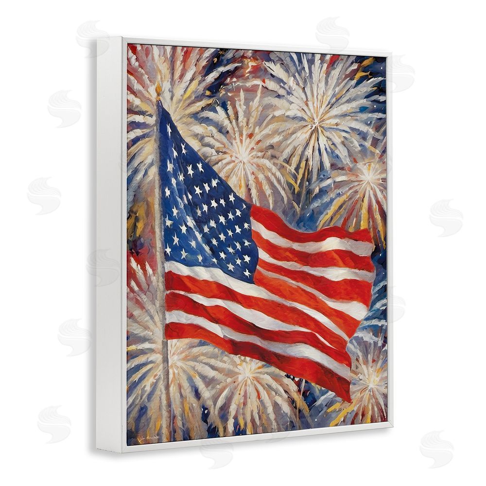 Jo Moulton American Flag over Fireworks White Framed Giclee Wall Art Print