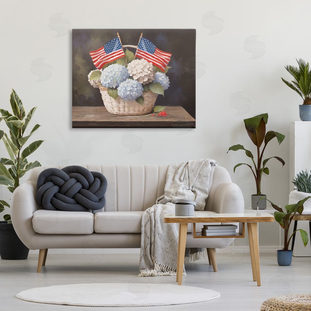 Jo Moulton American Flag Hydrangea Basket Stretched Canvas Wall Art in Room