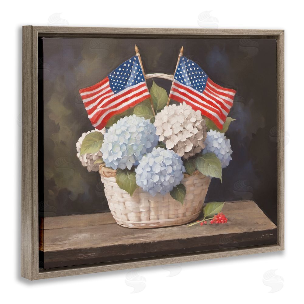 Jo Moulton American Flag Hydrangea Basket Brown Floating Frame Canvas Wall Art Print