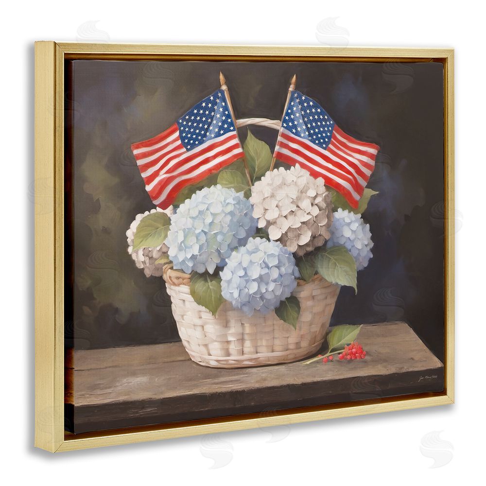 Jo Moulton American Flag Hydrangea Basket Gold Floating Frame Canvas Wall Art Print