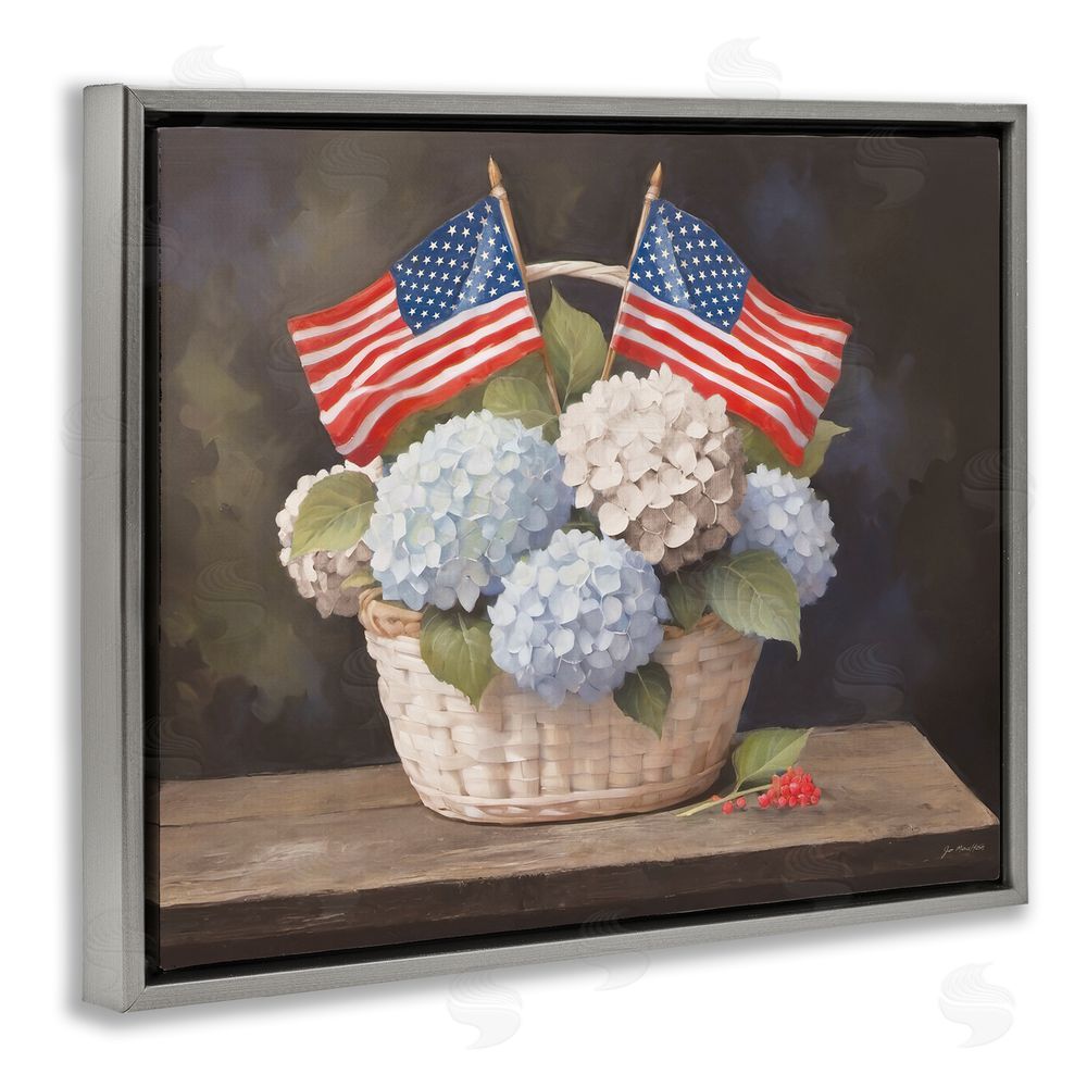 Jo Moulton American Flag Hydrangea Basket Gray Floating Frame Canvas Wall Art Print