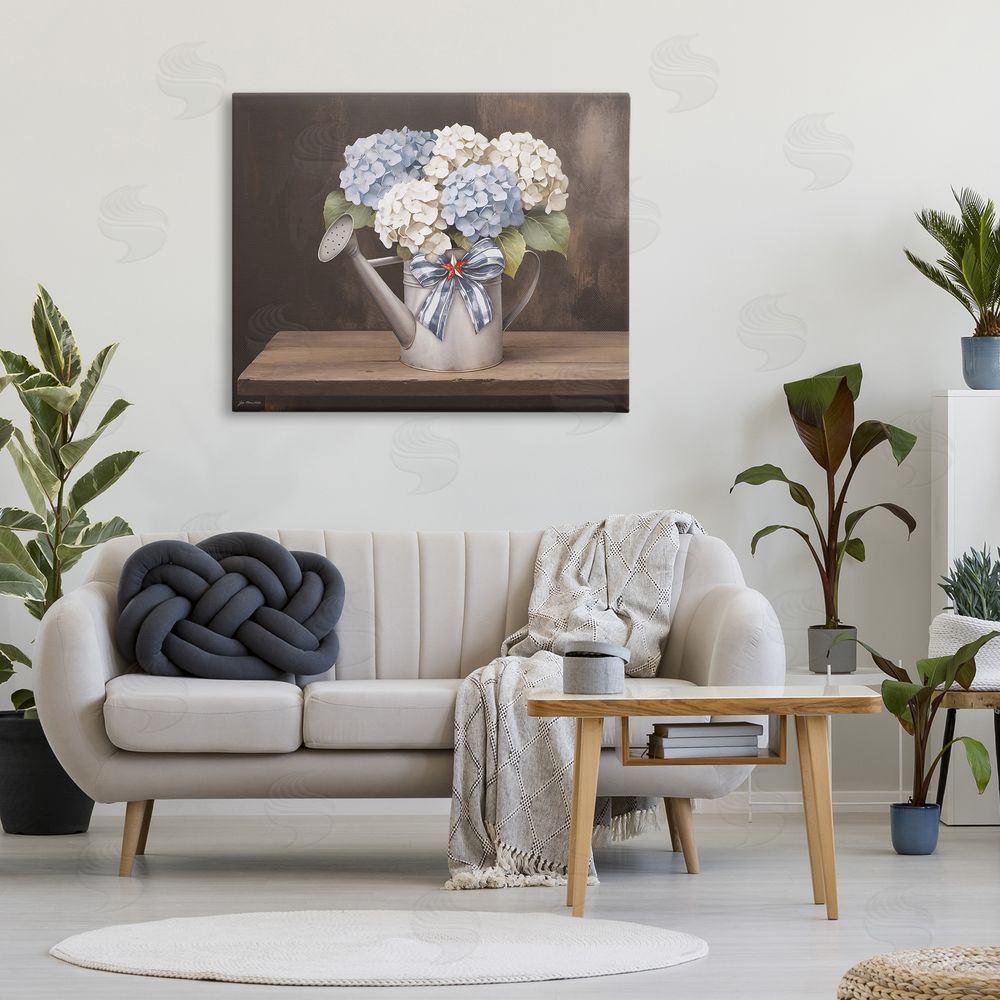 Jo Moulton Americana Hydrangea Watering Can Stretched Canvas Wall Art in Room