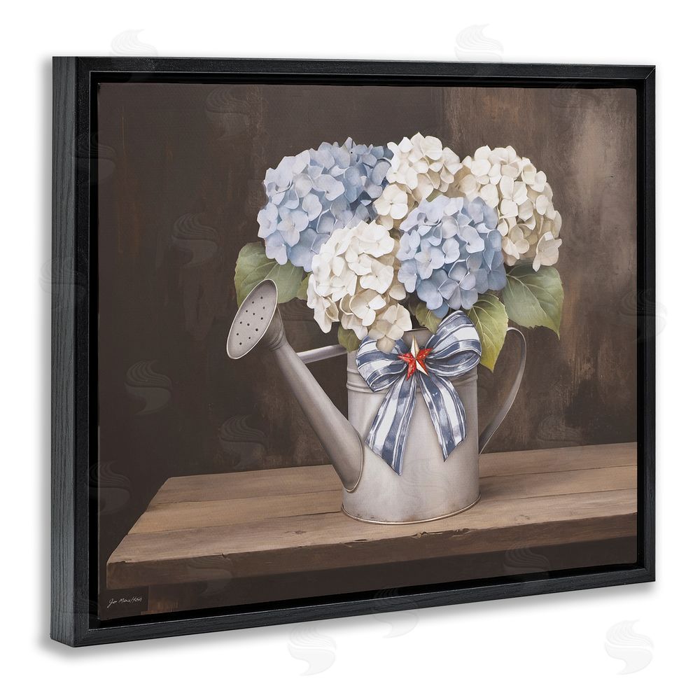Jo Moulton Americana Hydrangea Watering Can Black Floating Frame Canvas Wall Art Print
