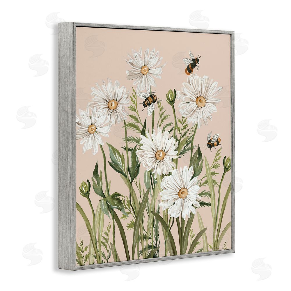 Cindy Jacobs Bees Among White Daisy Blooms Gray Framed Giclee Wall Art Print