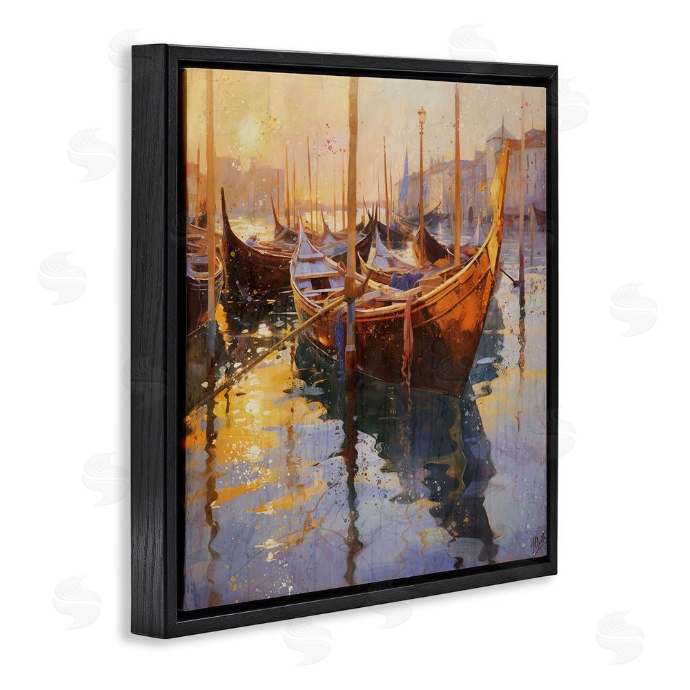 Marta Wiley Venetian Gondolas in Golden Light Black Floating Frame Canvas Wall Art Print